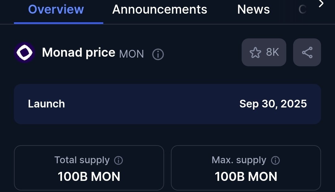 So <a href="/monad/">Monad ⨀</a> mainnet on September 30
Total supply is 100b mon$