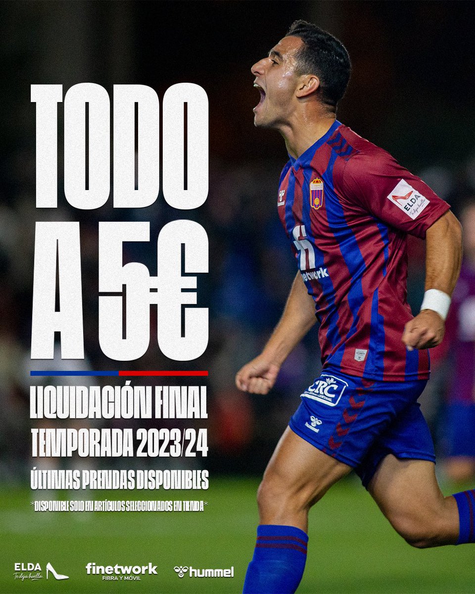 CD_Eldense's tweet image. 🚨 𝗧𝗢𝗗𝗢 𝗔 5️⃣ 𝗘𝗨𝗥𝗢𝗦‼️
🔚 Liquidación final de la temporada 2023/24 🚩
🙌🏻 Últimas prendas disponibles en la Tienda Oficial del #CDEldense 🔵🔴
📆 Lunes a viernes
⌚️ 10:00 a 14:00h.
📌 Calle Antonio Vera, 65, Elda, Alicante