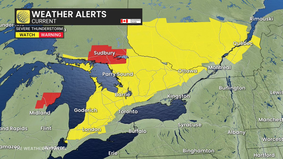 HowesNathan's tweet image. Severe thunderstorm watch for parts of Ontario and Quebec. Hazards include wind gusts up to 110 km/h, torrential rainfall with amounts possibly in excess of 50 mm, nickel-sized hail and, for some areas, a tornado risk. #ONstorm #QCstorm