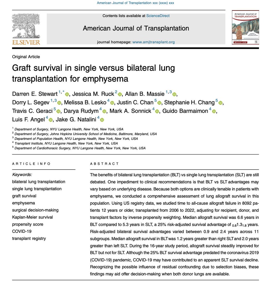 NYULangonePCCSM's tweet image. Thrilled to share our lung transplant team's latest publication in @amjtransplant! 🫁 They've investigated graft survival in single vs. bilateral lung transplants for emphysema.Check it out!
#LungTransplant #Emphysema #COPD #MedEd
🔗 bit.ly/450xPHB