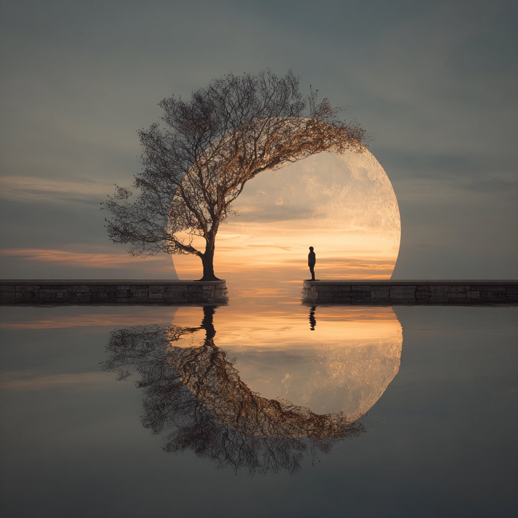 Unique930's tweet image. Reflections of the Quiet Sky
“A solitary figure stands beneath a moonlit tree at the edge of a still pier, where sky and water mirror one another. The scene hums with quiet connection—between earth, cosmos, and reflection”
#AIart #solitary #reflection #aiartcommunity