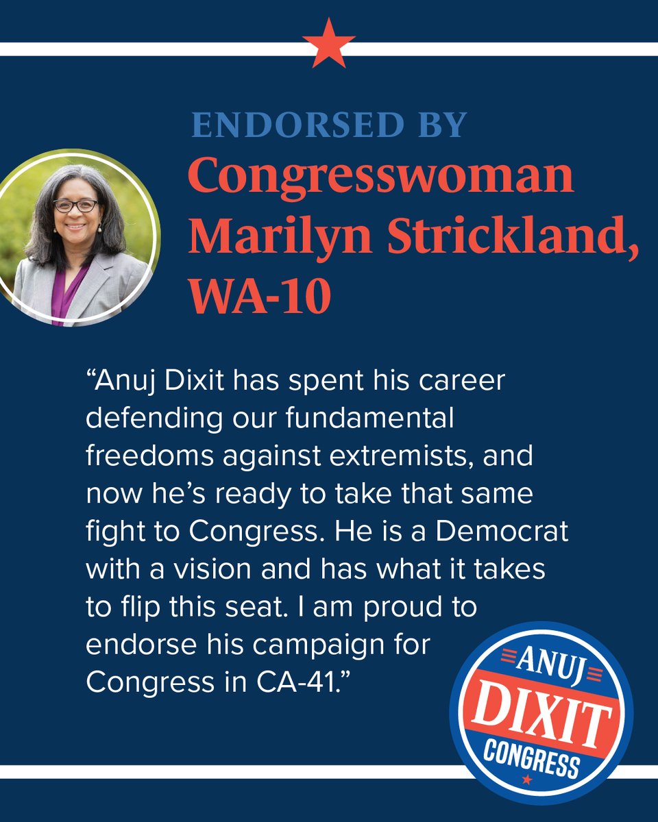 Anuj Dixit (@anujdixitca41) on Twitter photo I’m running for Congress to fight for the community I was raised in and to deliver results for families and small businesses across the Inland Empire. I'm proud to have <a href="/StricklandforWA/">Marilyn Strickland</a>’s support. She’s a trailblazer and fearless advocate, and I’m grateful she's on our team. I’m running for Congress to fight for the community I was raised in and to deliver results for families and small businesses across the Inland Empire. I'm proud to have <a href="/StricklandforWA/">Marilyn Strickland</a>’s support. She’s a trailblazer and fearless advocate, and I’m grateful she's on our team.