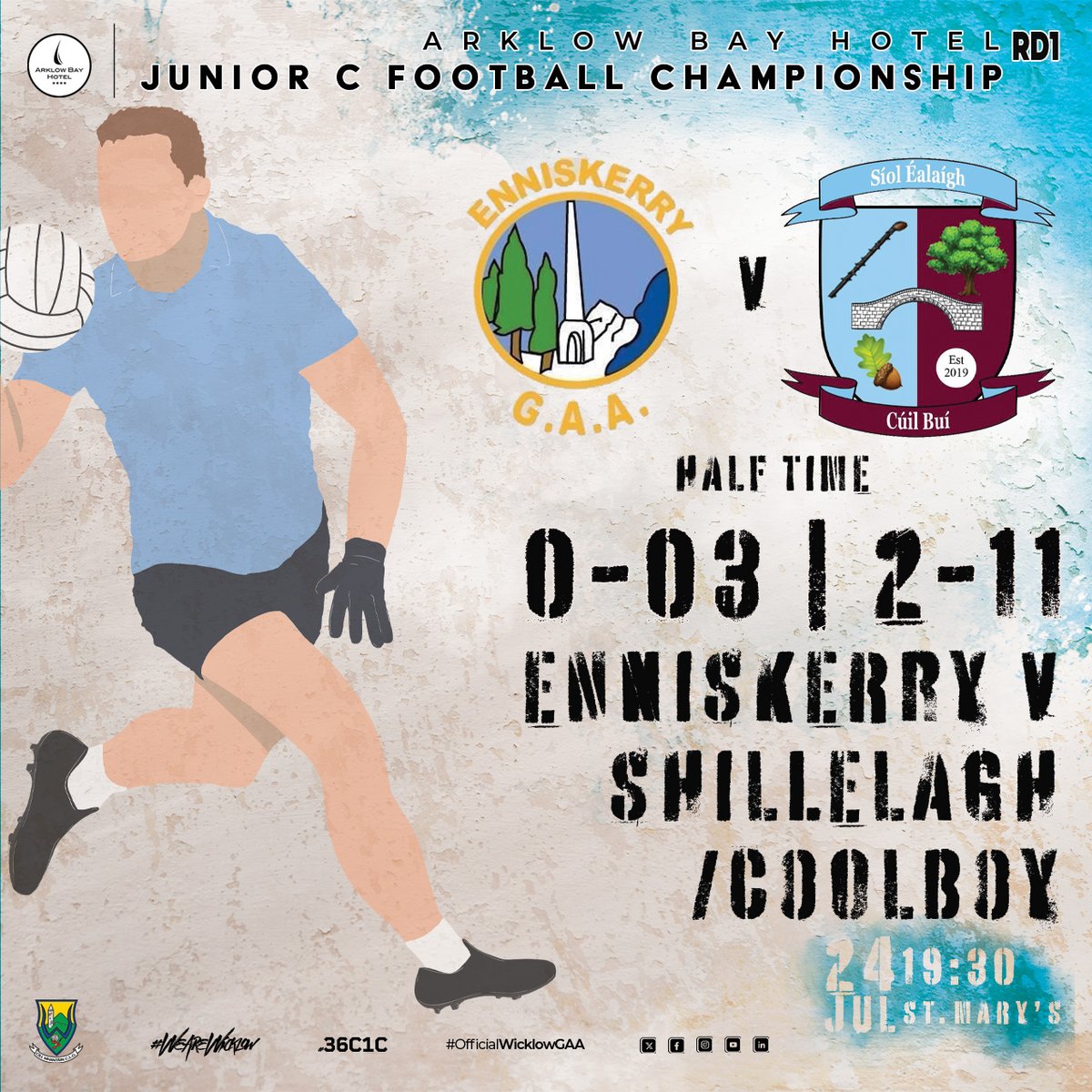 wicklowgaa's tweet image. Arklow Bay Hotel Junior C Football Championship Round 1
Half Time
Enniskerry 0-03
Shillelagh / Coolboy 2-11
#officialwicklowgaa #WicklowGAA #wearewicklow #36C1C #arklowbayhotel