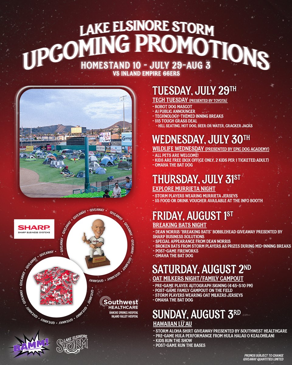 Storm_Baseball's tweet image. A full week of promotions begins next Tuesday with two alternative on-field identities, two giveaway items, incredible in-game prizes, the chance to camp out on the field, and much more!
Upcoming Promos Presented by BAMM! Promotional Products: Stormbaseball.com/tickets