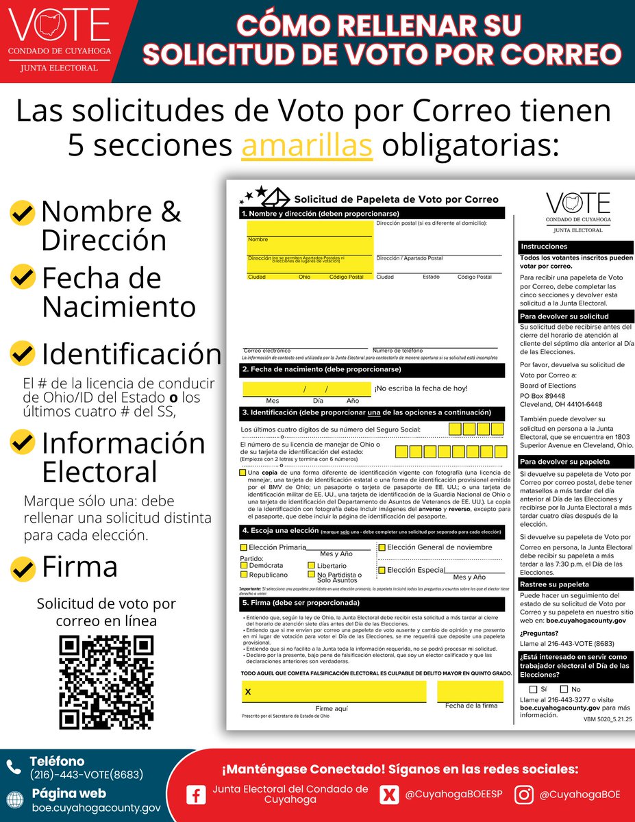 ¿Quiere votar por correo en las elecciones primarias de septiembre?  

Asegúrese de completar las 5 secciones requeridas: 
✔️ Nombre y Dirección
✔️ DOB
✔️ ID Info
✔️ Election Info
✔️ Firma

Solicite ahora en boe.cuyahogacounty.gov 🗳️
#VotoPorCorreo
