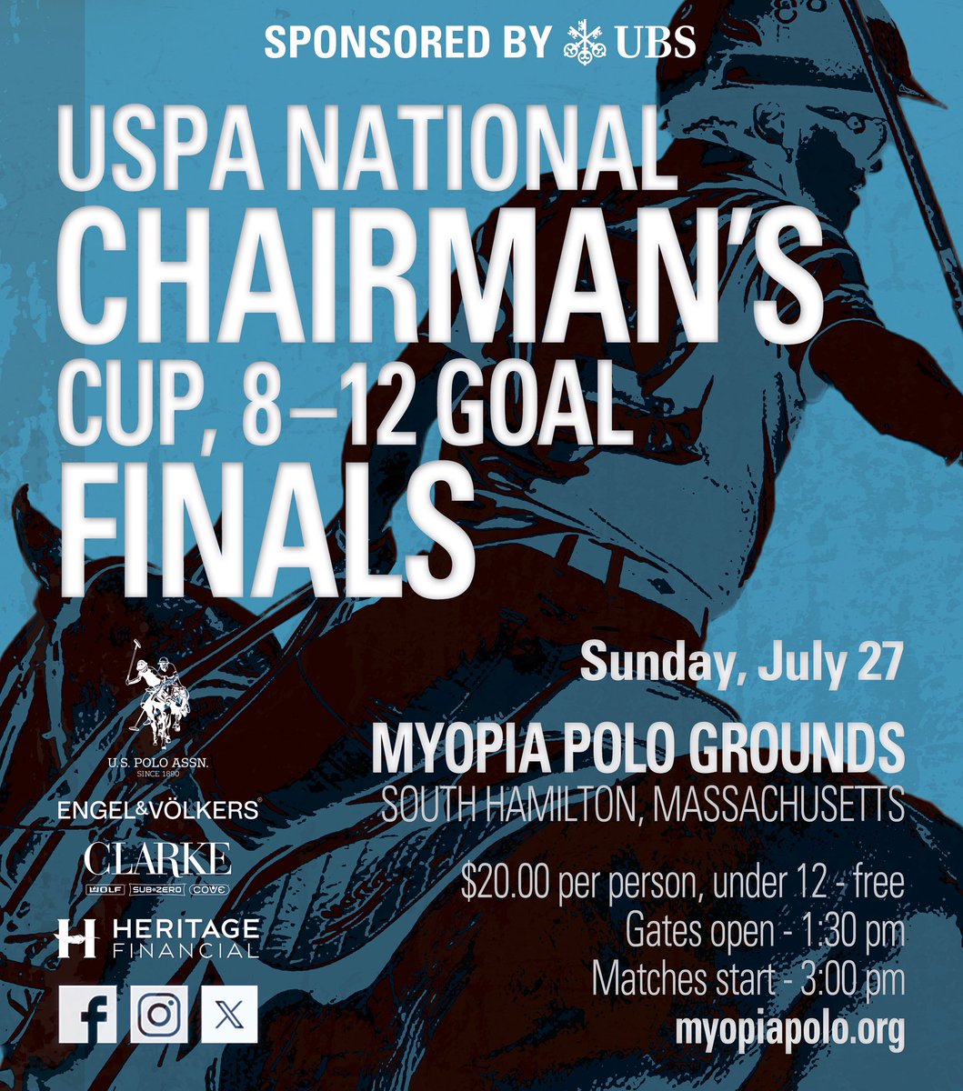 WEEK 9, Sunday, July 27: Myopia Polo will host the USPA CHAIRMAN'S CUP FINALS, an 8-12 tournament.  
Information about sponsorship, tickets and general information can be found at myopiapolo.org. Tickets are also available on Myopia Polo Eventbrite page.
#myopiapolo
