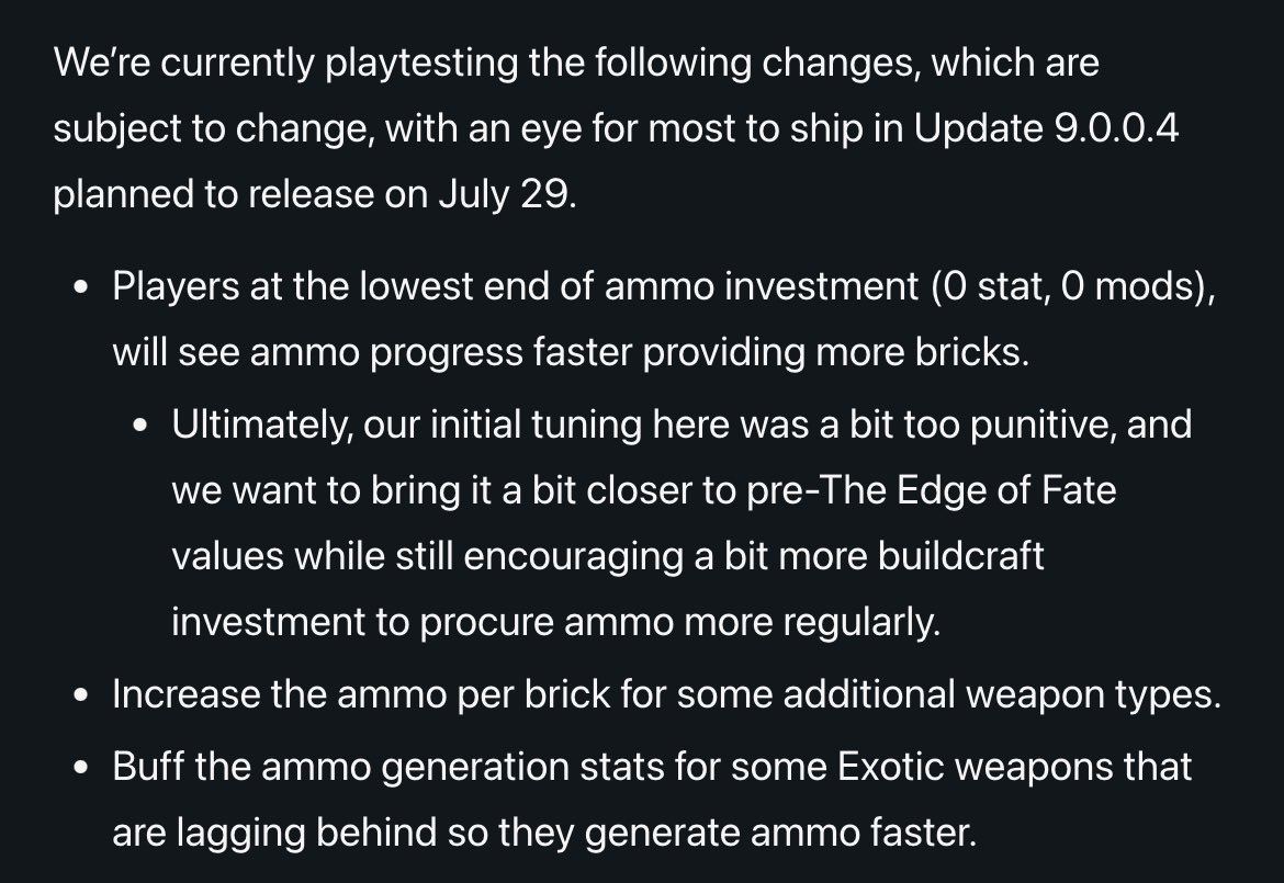 D2_Director's tweet image. Destiny 2 Upcoming Fixes & Improvements (from TWID on July 17, 2025):
▸ Revert desaturation of the World tab, restoring original color saturation
▸ Add an infinite Bright Dust grind source and issue a one‑time make‑good Bright Dust grant
▸ Adjust ammo economy: increase…