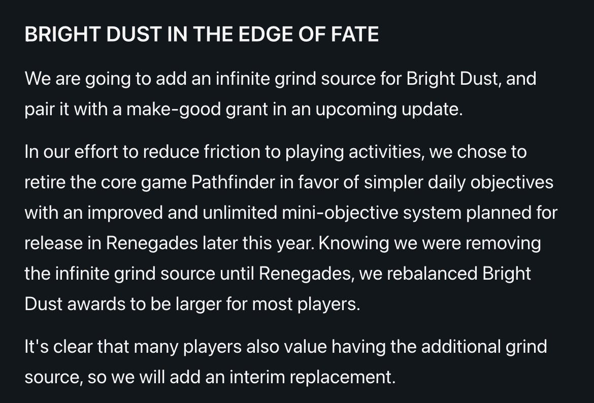 D2_Director's tweet image. Destiny 2 Upcoming Fixes & Improvements (from TWID on July 17, 2025):
▸ Revert desaturation of the World tab, restoring original color saturation
▸ Add an infinite Bright Dust grind source and issue a one‑time make‑good Bright Dust grant
▸ Adjust ammo economy: increase…
