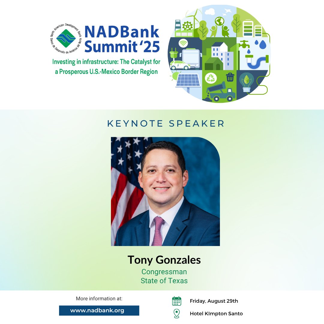 North American Development Bank (@nadb_bdan) on Twitter photo Register now to reserve your spot for the #NADBank2025Summit: Investing in Infrastructure: The Catalyst for a Prosperous U.S.-Mexico Border Region, where we will hear from expert panelists and keynote speakers, including U.S. Representative <a href="/RepTonyGonzales/">Rep. Tony Gonzales</a> of Texas's 23rd Register now to reserve your spot for the #NADBank2025Summit: Investing in Infrastructure: The Catalyst for a Prosperous U.S.-Mexico Border Region, where we will hear from expert panelists and keynote speakers, including U.S. Representative <a href="/RepTonyGonzales/">Rep. Tony Gonzales</a> of Texas's 23rd