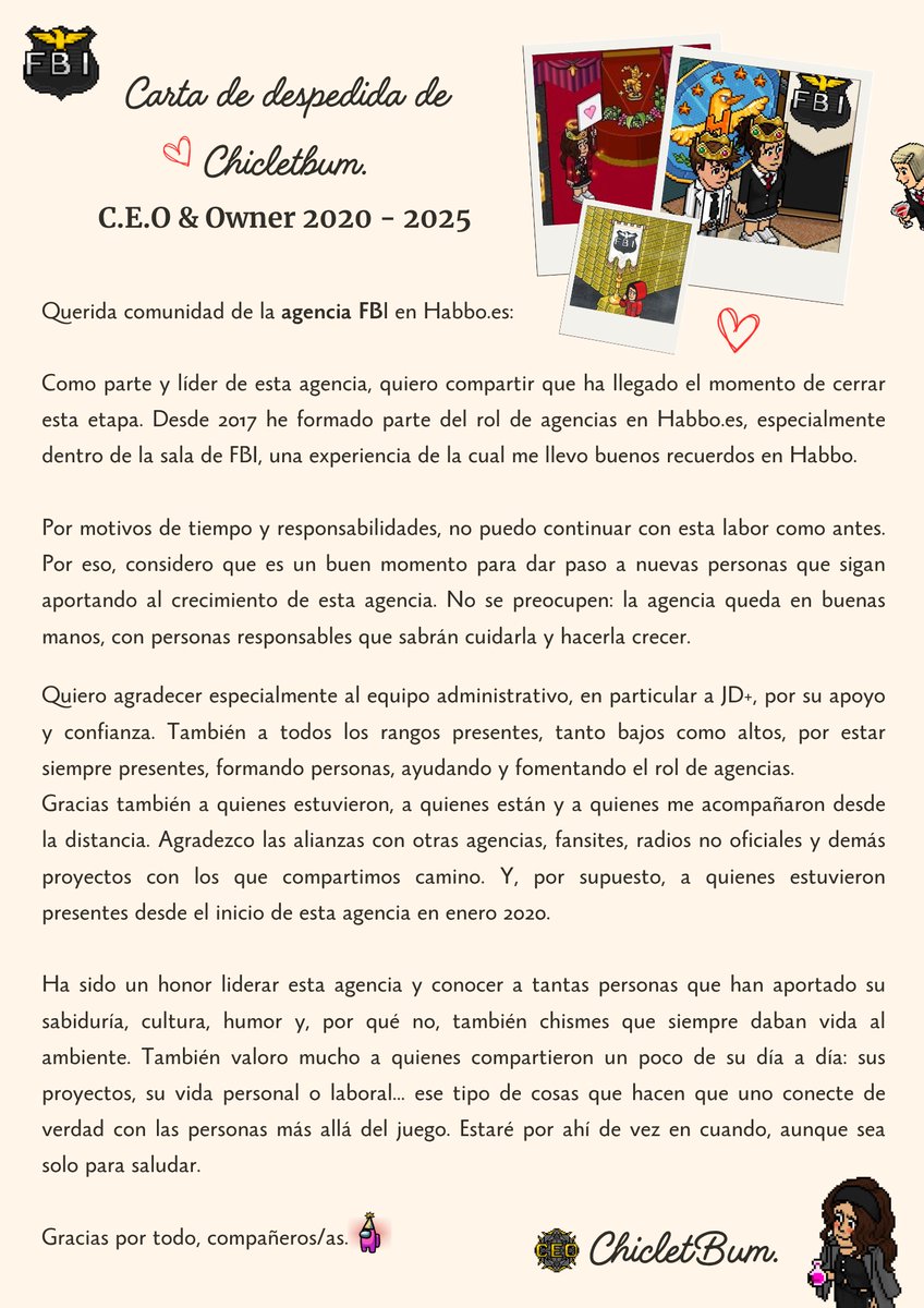 agencia_fbi's tweet photo. ✨️CARTA DE DESPEDIDA✨️

ChicletBum. - C.E.O &amp; Owner 2020 - 2025 https://t.co/SSv5AgnWj1