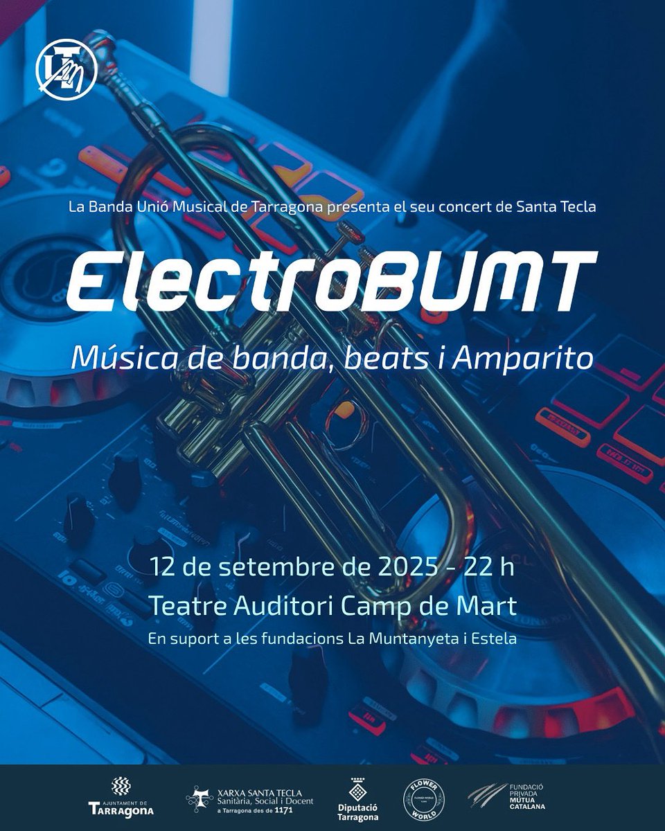 Ja s'apropa #SantaTecla... i aquest cop presentem ElectroBUMT! ⚡

Us esperem el 12 de setembre a les 22h al Camp de Mart per gaudir d'un #concert on la potència d’una banda simfònica es combina amb els beats d’un DJ sobre l’escenari🤩

🎟️Entrades a la venda demà, a les 11h!