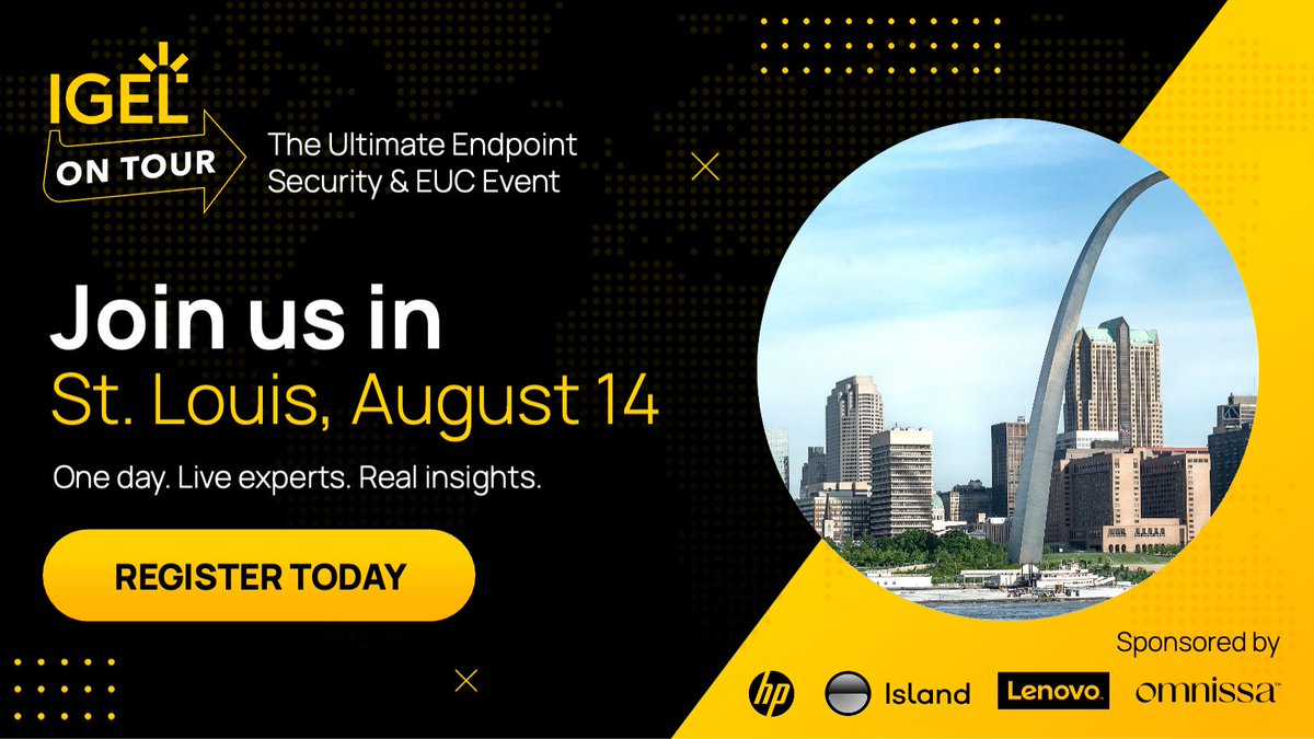 IGEL_Technology's tweet image. Join us for an action-packed, one-day event in St. Louis, Missouri, designed for IT leaders, architects, and endpoint pros who want to stay ahead of the curve. 🙌🏻 IGEL on Tour brings you face-to-face with IGEL experts, top industry sponsors, and a curated agenda of high-impact…