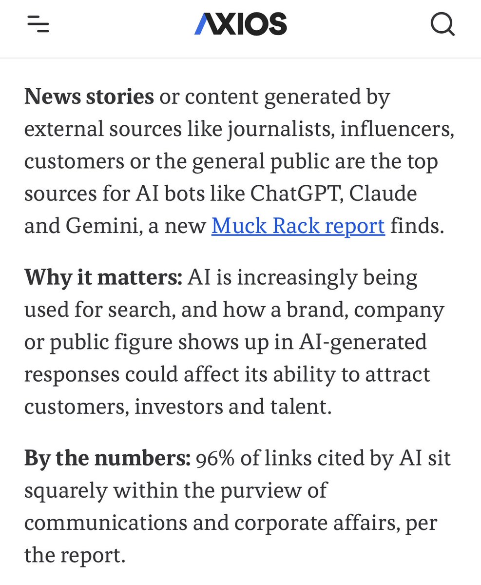 amandanat's tweet image. It’s more important than ever to have a PR and earned media strategy.
- Your PR team is responsible for ~96% of the links cited by AI.
- Most mentioned news outlets are Reuters, FT, Time, Axios, Forbes, AP
- A podcast published on YouTube is likelier to influence Google