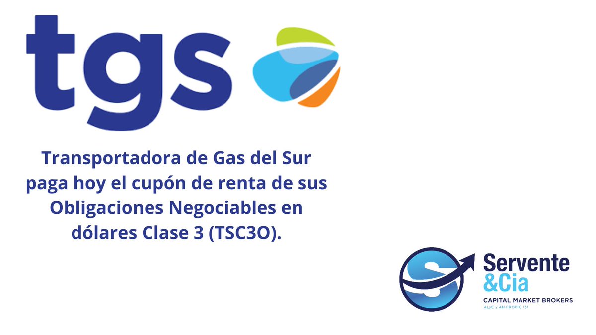 serventeycia's tweet image. #Inversores #Bolsa #Argentina #Aviso #Pago #Títulos #Privados #Empresas #Obligaciones #Negociables #Dólares #TGS #Deuda #Privada #Cupones #Renta #Intereses #Tasas #Dólar #Divisas #BYMA #Servente #Finanzas #Inversiones #Mercados