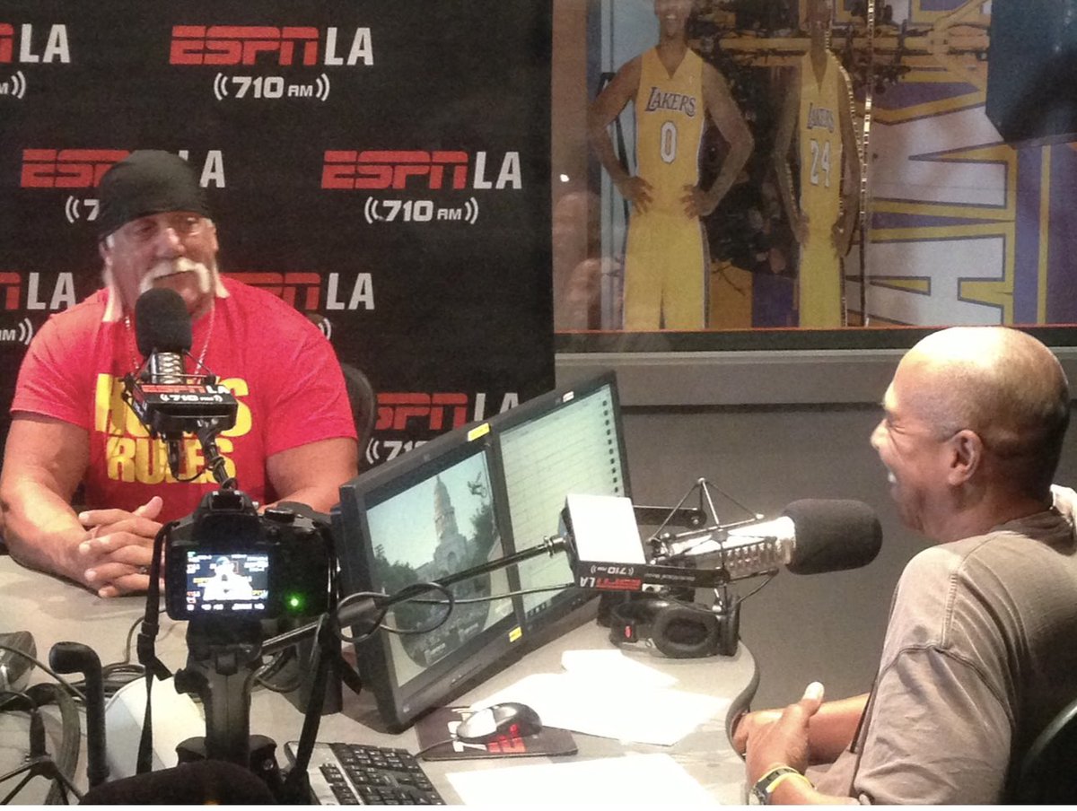 Glad I snapped this photo in the <a href="/ESPNLosAngeles/">ESPN Los Angeles</a> studio 10 years ago. <a href="/champagnennuts/">Mychal Thompson</a> this was one of your favorite dudes. #hulkhogan