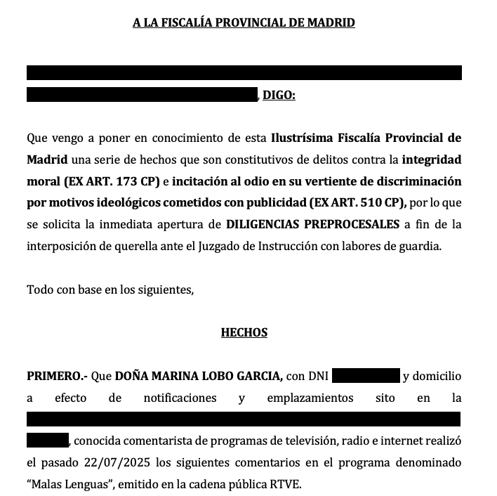Denuncian a la progre Marina Lobo García ante la Fiscalía Provincial de Madrid por sus comentarios en el programa "Malas Lenguas", por presuntos delitos contra la integridad moral y delito de odio, al humillar de forma degradante a la víctima de una violación de Alcalá de Henares