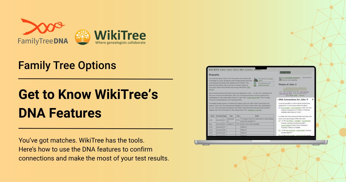 🧬 A month in, and WikiTree’s DNA tools are still making waves!

Explore DNA Connections, the Ancestor Confirmation Aid, and more ways to build a stronger, evidence-based family tree.

Read the blog: tinyurl.com/3xa4xyrk