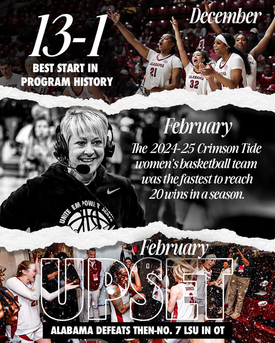 AlabamaWBB's tweet image. TBT: 2024-25 Season Highlights ⏮️📈
Who’s ready to make more history in 2025-26?
🎟️ bit.ly/3IlRmeh
#RollTide #GLG