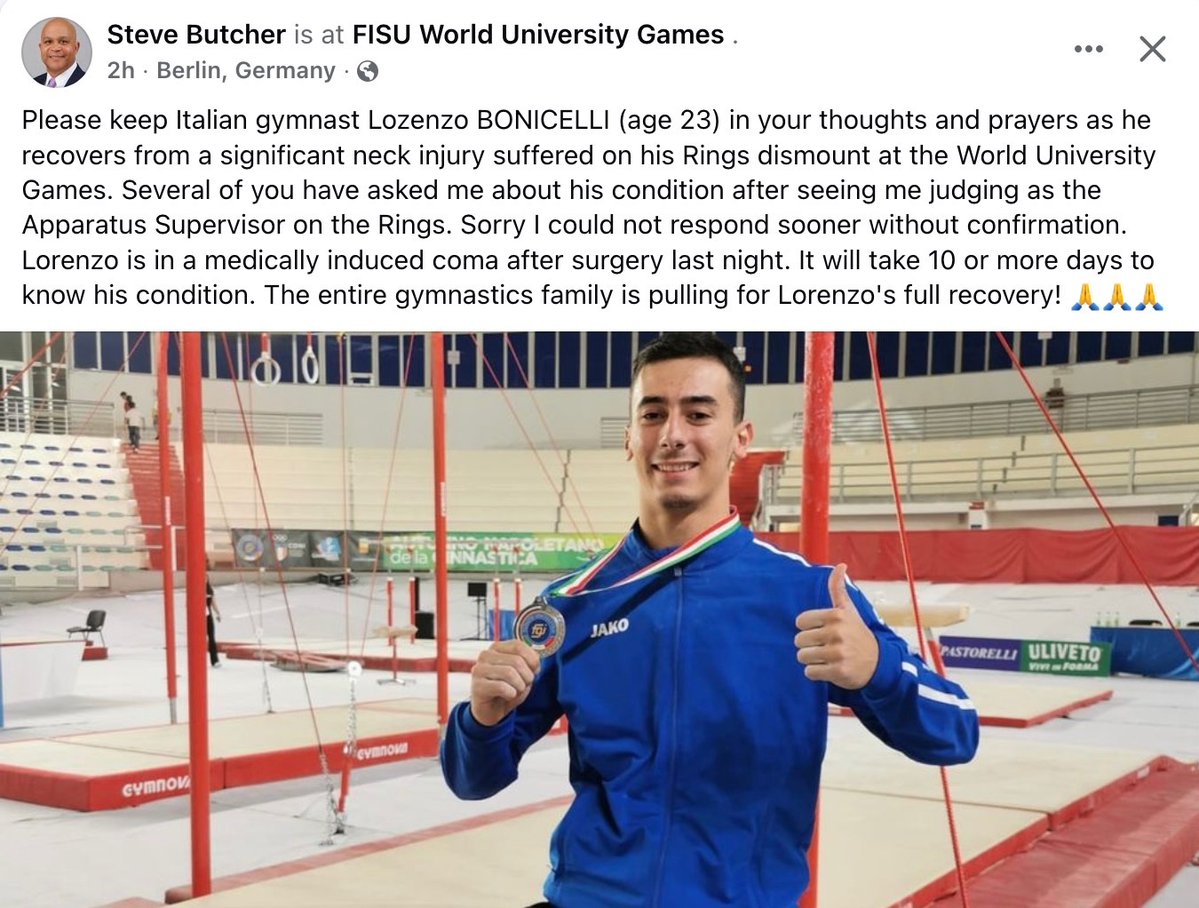 kensleyanne's tweet image. Public update about Lorenzo Bonicelli’s injury from FIG MTC member, Steve Butcher