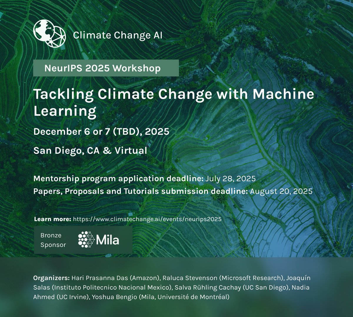 We're delighted to invite submissions to the #NeurIPS2025 workshop "Tackling Climate Change with Machine Learning". 

Important dates:
▶️Mentorship program: Jul 28
▶️Papers, proposal &amp; tutorial submissions: Aug 20
▶️Workshop: Dec 6 or 7

Learn more: climatechange.ai/events/neurips…