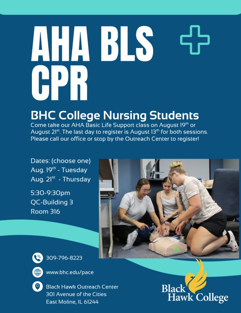 BHC Nursing students, sign up for the AHA Basic Life Support class on August 19 or 21. Register by August 13 by calling our office or stopping by the Outreach Center!

bhc.edu/academics/busi…