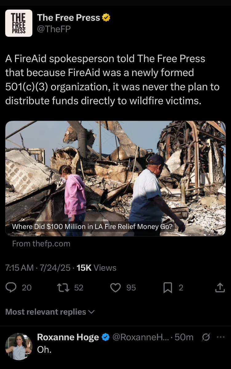 FireAid: Together, we raised an estimated $100 million that have been designated for direct relief and will not be used for administrative purposes.

Also FireAid: FireAid was a newly formed 501(c)(3) organization, it was never the plan to distribute funds directly to wildfire