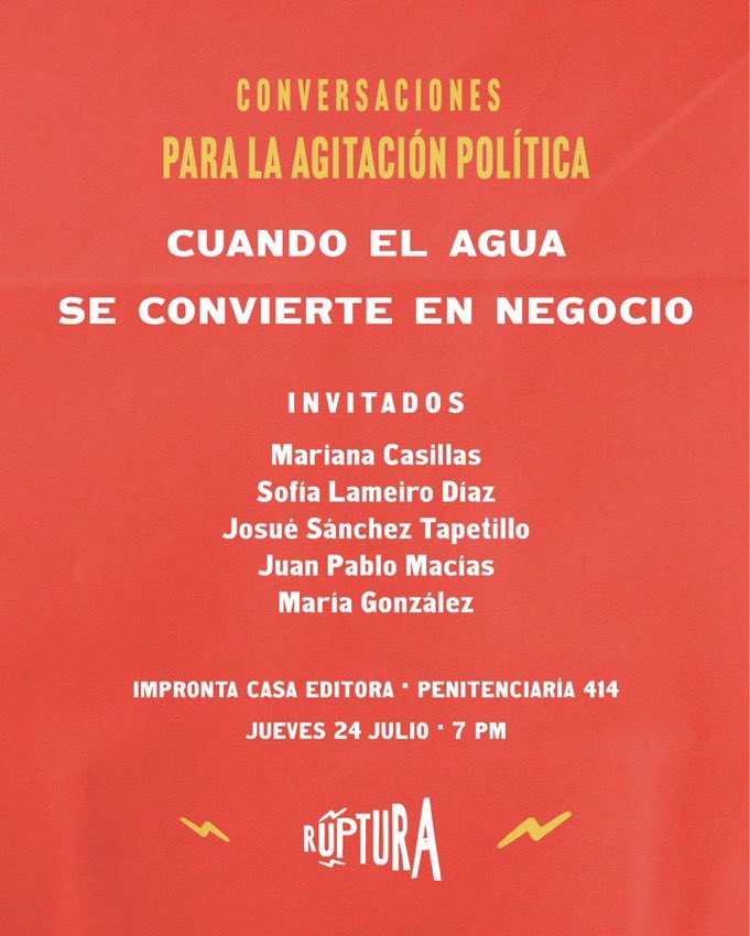 imdecac's tweet image. 💦📍#EnAgenda HOY jueves 24, 7 pm en @casaimpronta|
💧Mucho de que hablar y accionar como sociedad contra el #Megatarifazio del @siapagdl y un cambio radial en el modelo actual de gestión del #Agua en #Jalisco.
Acompáñanos en este importante conversatorio de @ruptura_rpt