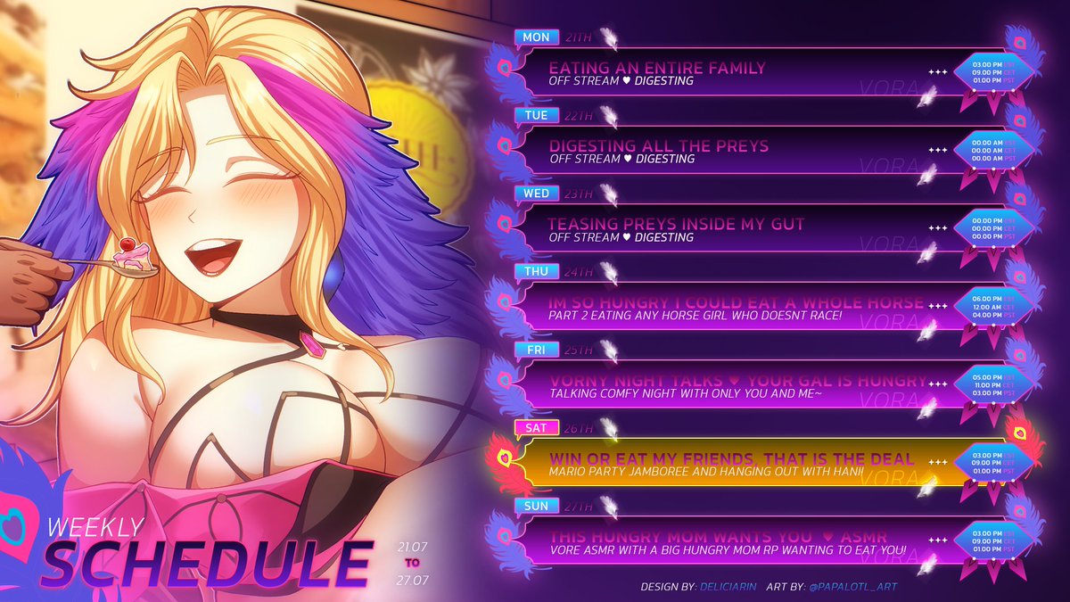 VoraishaVore's tweet image. VORE WEEK!!
I need to win with golden week JUST ONE TIME so I be back to win or eat her if she looses, also a @HaniVtuber snack to devour after our collab and Namas as meal too~ 💗
Who will be the most delicious one?