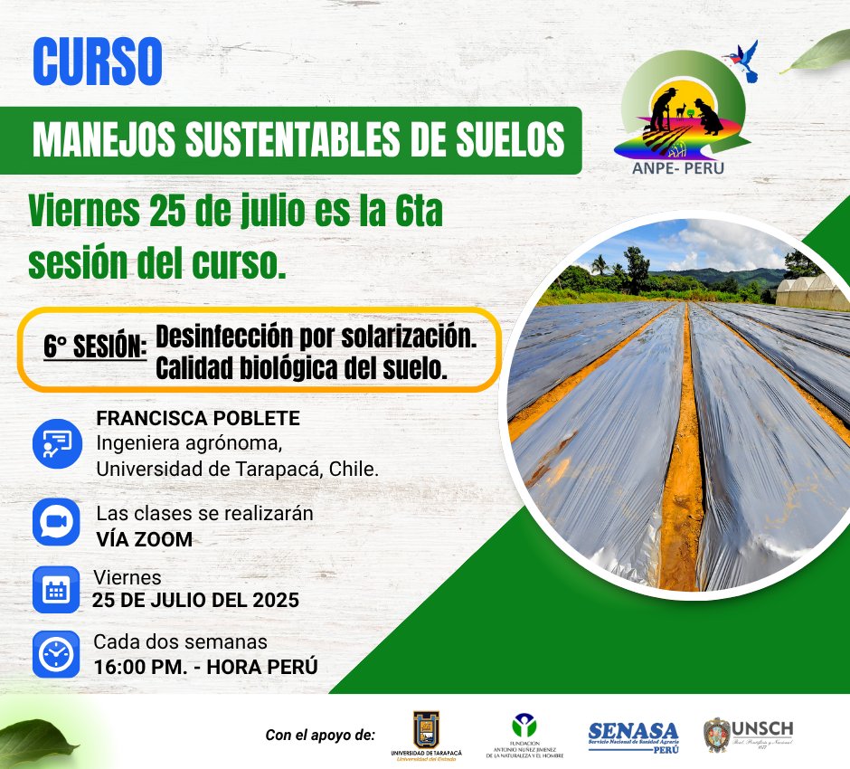 ¡𝗦𝗲𝗴𝘂𝗶𝗺𝗼𝘀 𝗮𝗽𝗿𝗲𝗻𝗱𝗶𝗲𝗻𝗱𝗼! Este viernes 25 de julio, llega la 6ta sesión del curso 𝗗𝗲𝘀𝗶𝗻𝗳𝗲𝗰𝗰𝗶𝗼́𝗻 𝗽𝗼𝗿 𝘀𝗼𝗹𝗮𝗿𝗶𝘇𝗮𝗰𝗶𝗼́𝗻 𝘆 𝗰𝗮𝗹𝗶𝗱𝗮𝗱 𝗯𝗶𝗼𝗹𝗼́𝗴𝗶𝗰𝗮 𝗱𝗲𝗹 𝘀𝘂𝗲𝗹𝗼.
Zoom: us02web.zoom.us/j/3566859917?o…