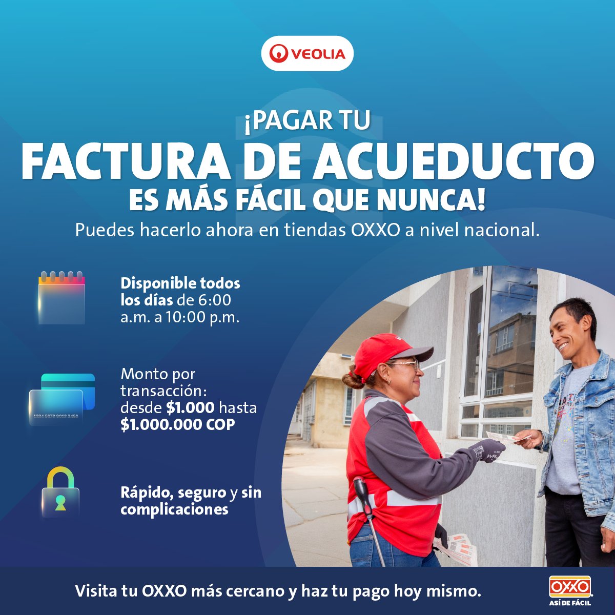 facetasdeboyaca's tweet image. 💧💳 ¡Pagar tu factura de acueducto y alcantarillado nunca fue tan fácil!
Con @Veolia_Tunja, ahora puedes hacerlo en cualquier tienda OXXO 🏪, todos los días de 6:00 a.m. a 10:00 p.m.
🔒 Rápido, seguro y sin complicaciones.
¡Visita tu OXXO más cercano y haz tu pago hoy mismo! ✨