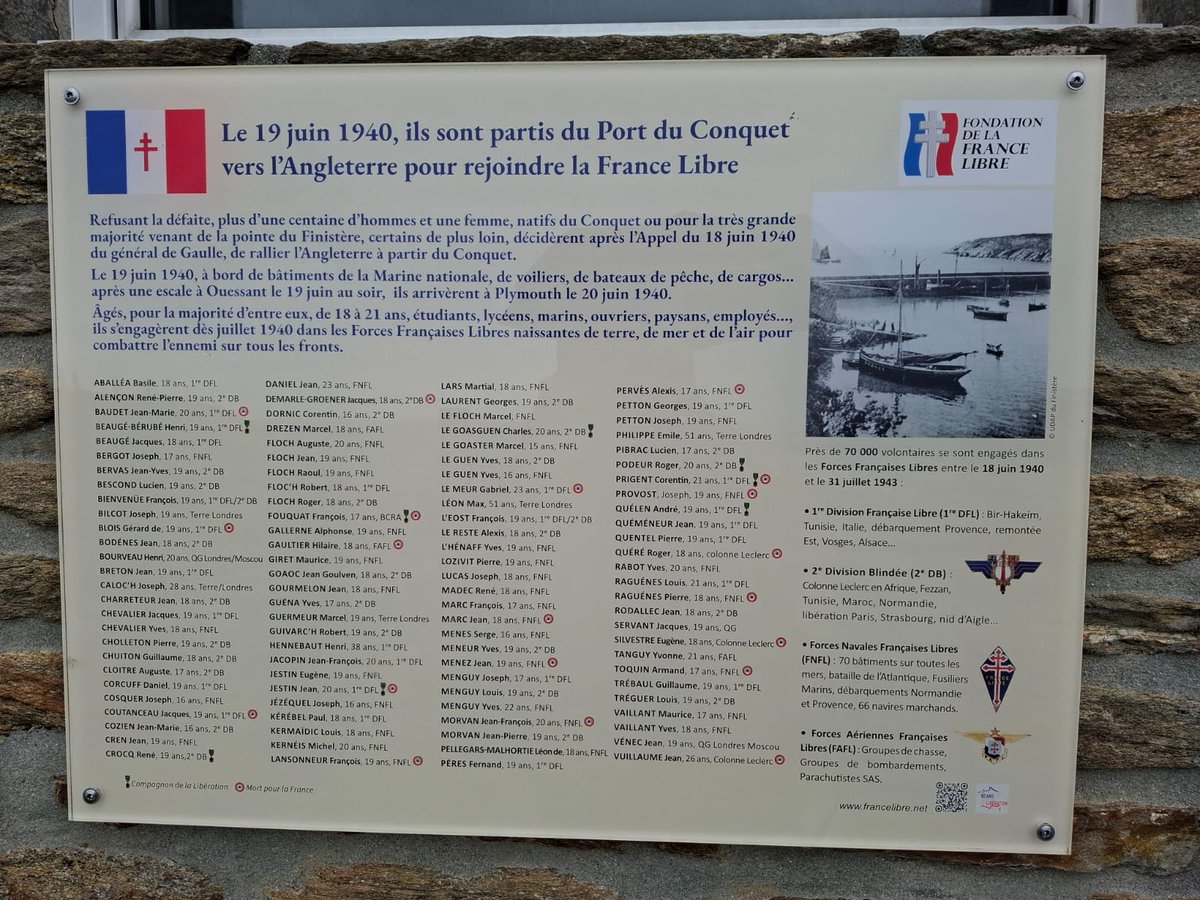 FMeunier1's tweet image. Lever les yeux, rechercher, s'inspirer...
Les vacances permettent aussi de tirer le fil de la Mémoire:
ainsi au Conquet, 107 jeunes Français ont embarqué en juin 1940 pour rejoindre la France Libre.
Admiration.