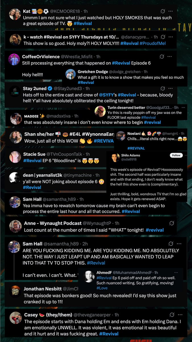 AaronBKoontz's tweet photo. EPISODE 6 of #Revival is out now on @peacock. I could tell you to check it out, but all these wonderful folks did a better job then I ever could — 

Catch up now before Ep 7 drops tonight on @SYFY at 10 ET https://t.co/O7tytElImS