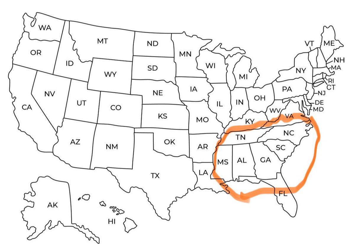 Leishac's tweet image. All the rest of y’all are wrong. THIS is the correct South. Part of Virginia and part of Florida belong.