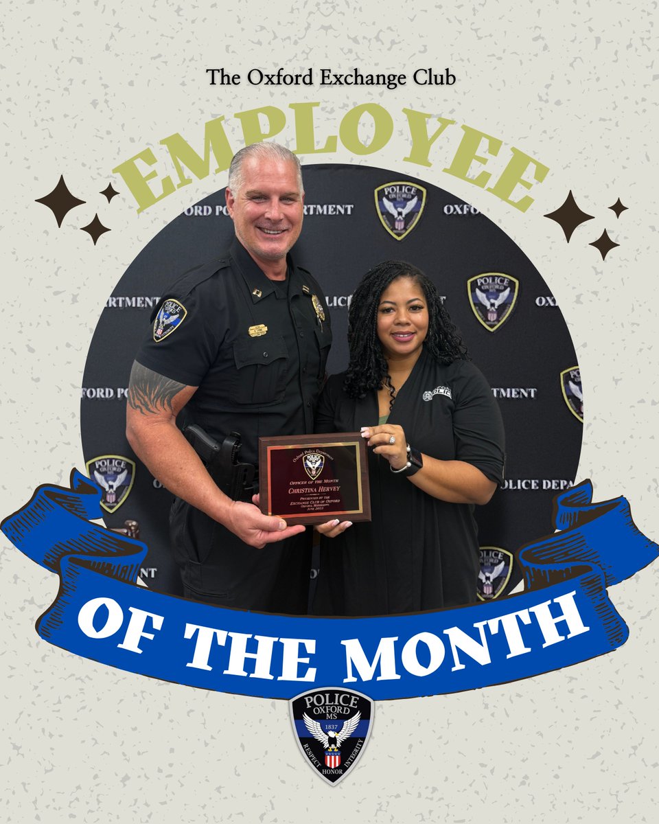 OxfordPolice's tweet image. 🎉 Oxford Exchange Club Employee of the Month – June 2025 🎉
Please help us congratulate Christina Hervey, our Assistant Victim Services Coordinator, who has been named the Oxford Exchange Club’s Employee of the Month for June!
Christina quietly went above and beyond when she…