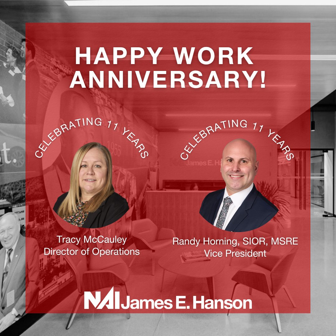 🎉 Happy Work Anniversary to Randy Horning, SIOR, MSRE &amp; Tracy McCauley!

Both of you have brought over 10 years of dedication, expertise, and impact. Thank you for being an essential part of our journey. Here's to many more years of success and growth together! 🥂

#naihanson