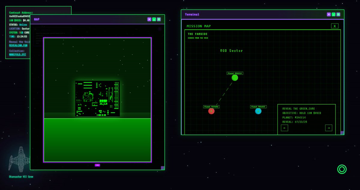 cap'n (@xicojam) on Twitter photo Mission 2: Reveal the GREEN_CORE
Hold 10M $VOID and access <a href="/revealcamfun/">revealcam.fun</a> to check Planet # 39ff14 core before the snapshot on 07/30
Don't miss the airdrop on the V01D Manifold Contract Mission 2: Reveal the GREEN_CORE
Hold 10M $VOID and access <a href="/revealcamfun/">revealcam.fun</a> to check Planet # 39ff14 core before the snapshot on 07/30
Don't miss the airdrop on the V01D Manifold Contract