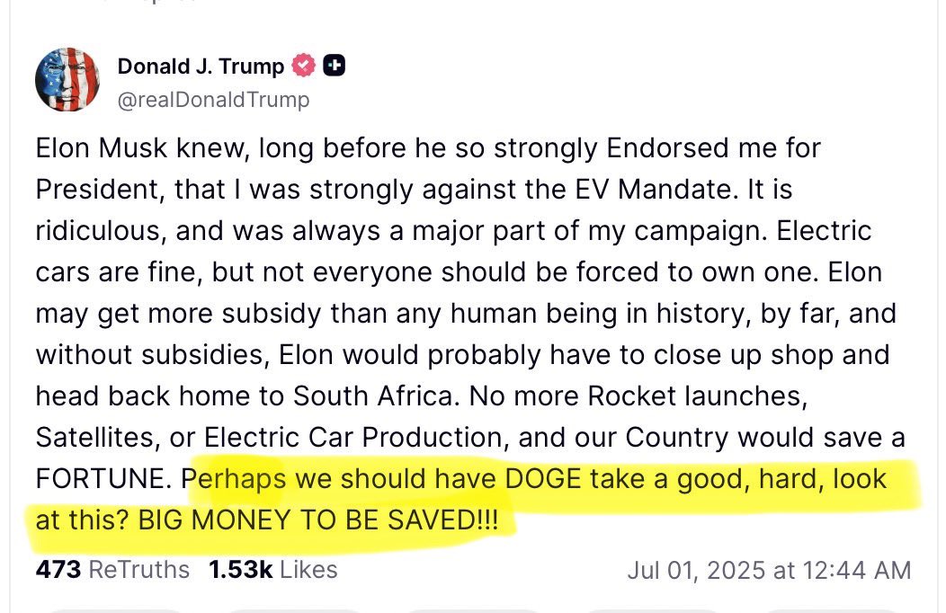 TRUMP: ‘Everyone is saying that I will destroy Elon’s companies by taking away his subsidies.’

Bro, you are the one who said that.