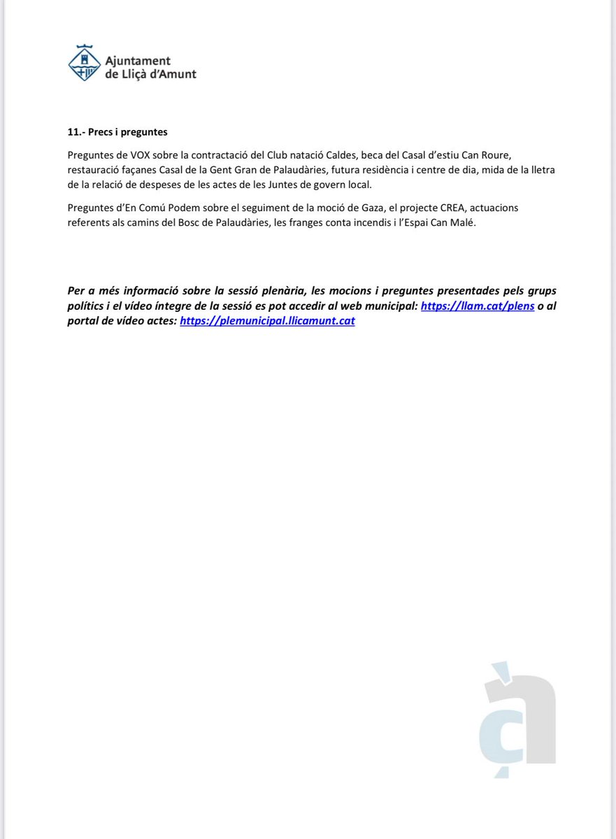 📃 Aquestes han estat les votacions dels punts de l'ordre del dia del Ple municipal de #LliçàdAmunt