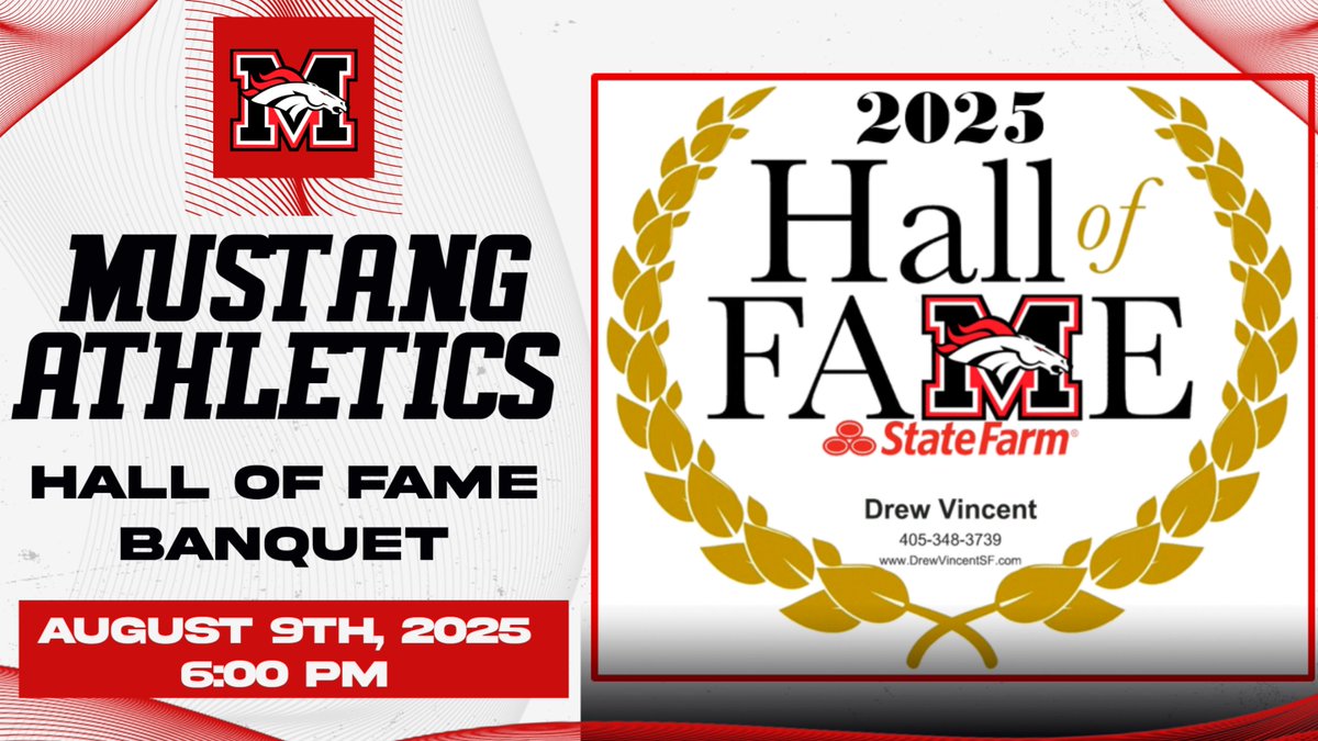 MHS Bronco Sports (@mhsbroncosports) on Twitter photo The Drew Vincent State Farm Mustang Athletics Hall of Fame Banquet is Aug 9th at 6:00 pm. Tickets can be purchased until August 1st. Come celebrate with us as we induct the 2025 class.
Purchase tickets here: ok-mustang-lite.intouchreceipting.com
<a href="/MustangSchools/">Mustang Public Schools</a> <a href="/MHS_Broncos/">MHSBroncos</a> The Drew Vincent State Farm Mustang Athletics Hall of Fame Banquet is Aug 9th at 6:00 pm. Tickets can be purchased until August 1st. Come celebrate with us as we induct the 2025 class.
Purchase tickets here: ok-mustang-lite.intouchreceipting.com
<a href="/MustangSchools/">Mustang Public Schools</a> <a href="/MHS_Broncos/">MHSBroncos</a>