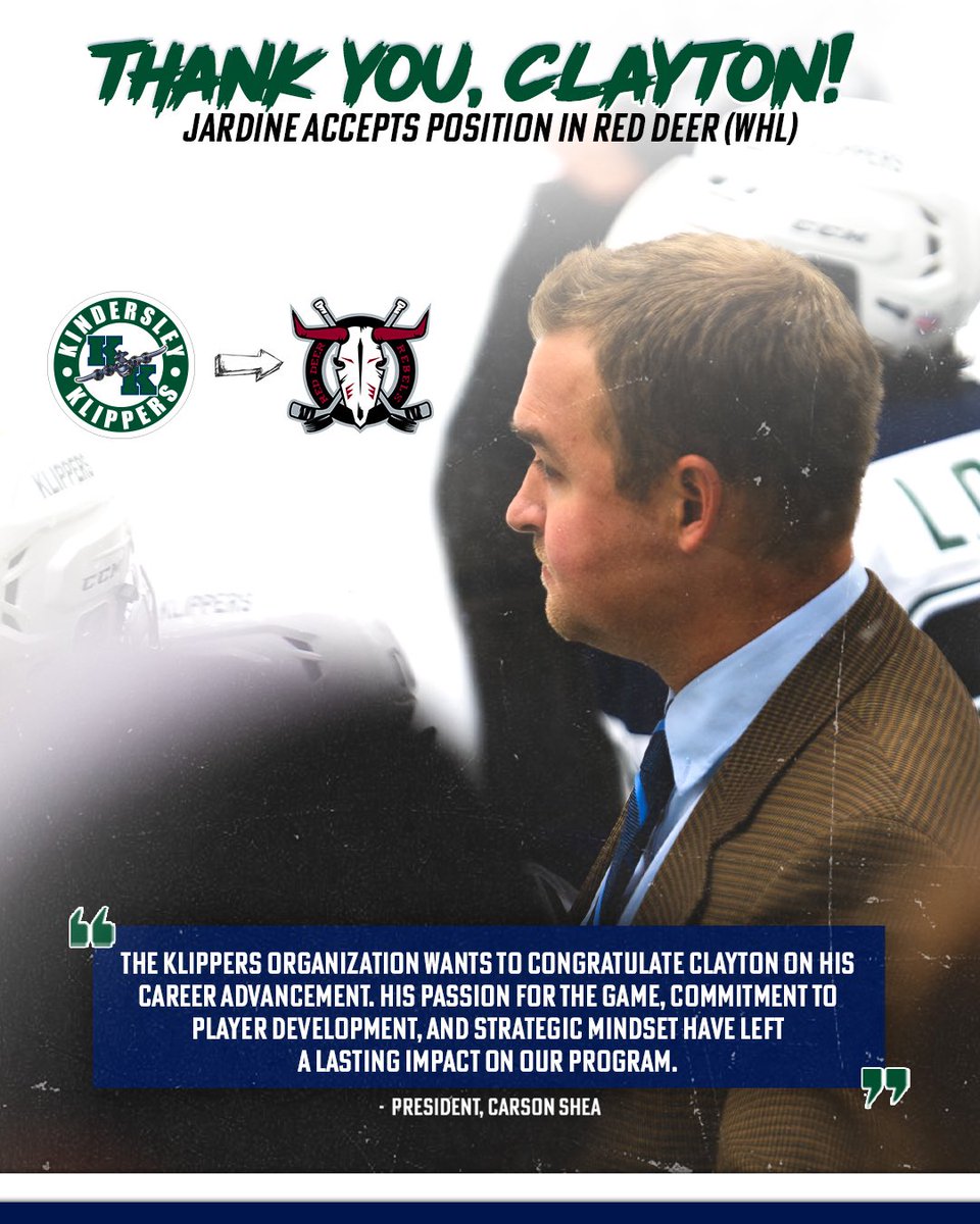 The Iron Horse Kindersley Klippers proudly congratulate Clayton Jardine on his new role as Assistant Coach with the WHL’s Red Deer Rebels.

In his third stint with the team — and second as Head Coach and General Manager — Clayton helped lead the Klippers back to the SJHL playoffs