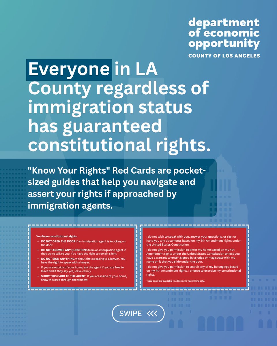 EconOppLA's tweet image. KNOW YOUR RIGHTS – No matter one’s immigration status, there are constitutional protections.
Download for free: bit.ly/ilrcRedCards
📍 Pick up a card in person at the DEO’s Office of Small Business or any of our 18 AJCCs: bit.ly/FindanAJCC