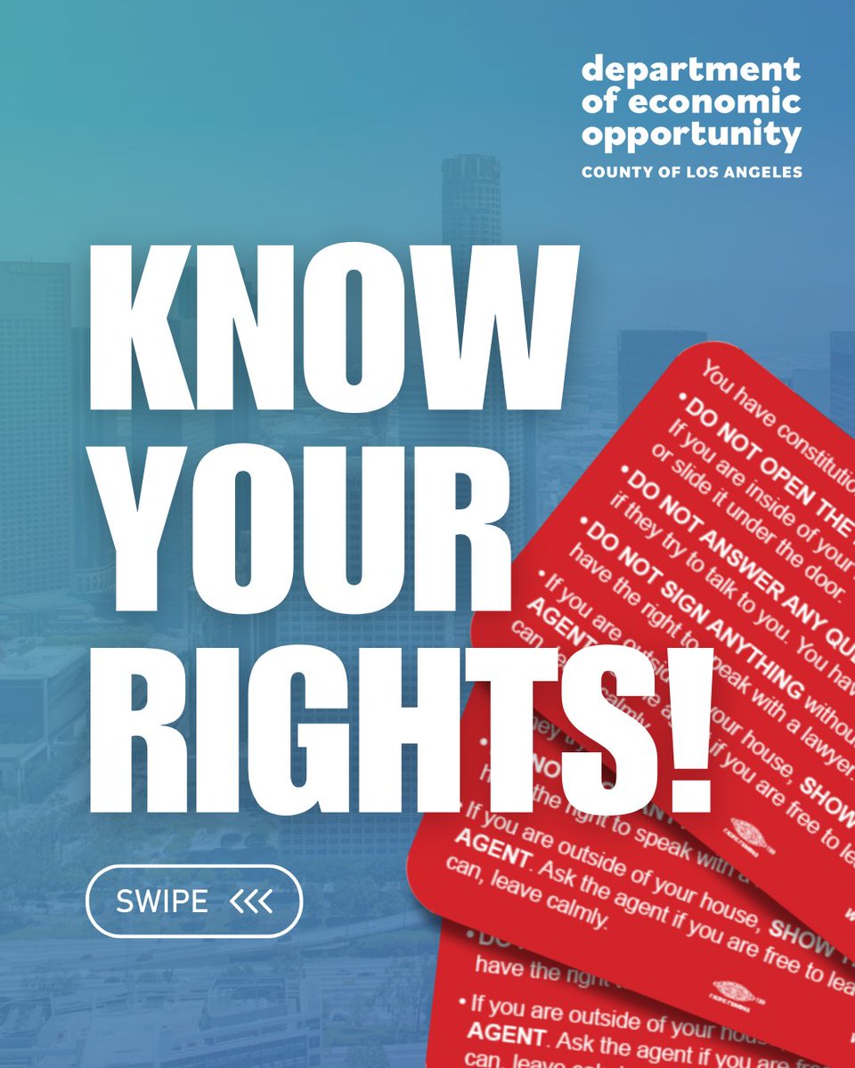 EconOppLA's tweet image. KNOW YOUR RIGHTS – No matter one’s immigration status, there are constitutional protections.
Download for free: bit.ly/ilrcRedCards
📍 Pick up a card in person at the DEO’s Office of Small Business or any of our 18 AJCCs: bit.ly/FindanAJCC