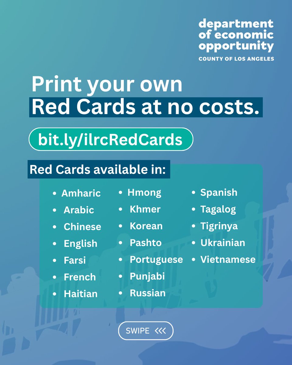 EconOppLA's tweet image. KNOW YOUR RIGHTS – No matter one’s immigration status, there are constitutional protections.
Download for free: bit.ly/ilrcRedCards
📍 Pick up a card in person at the DEO’s Office of Small Business or any of our 18 AJCCs: bit.ly/FindanAJCC