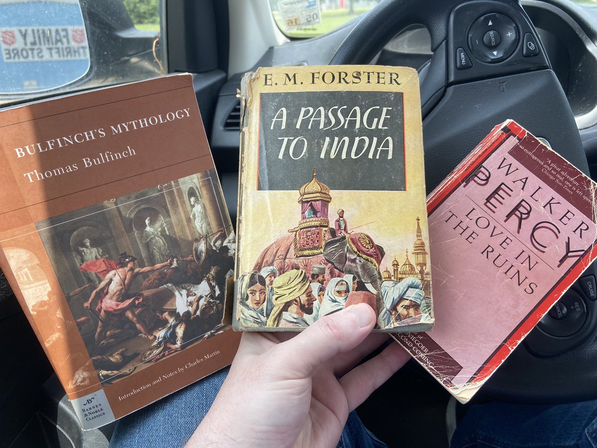JMcNallyBooks's tweet image. I had to run errands. Stopped off at a thrift store after lunch. Two are worse for wear, but I hadn’t seen that Modern Library dust jacket for Forster before. Love in the Ruins might be the most underwhelming Avon cover (from Avon’s heyday no less) I’ve ever seen.