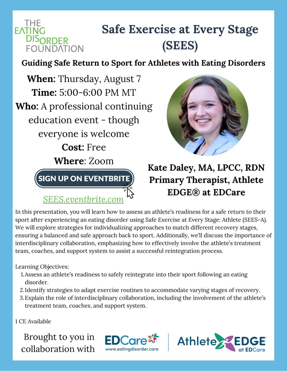 EDCare (@edcaredenver) on Twitter photo Athlete EDGE at EDCare is excited to co-host a CE event with <a href="/EDFColorado/">Eating Disorder Fdn</a>. Mental health professionals will learn how to assess an athlete’s readiness to safely return to sport after recovering from an eating disorder using SEES-A.
Register online: SEES.eventbrite.com Athlete EDGE at EDCare is excited to co-host a CE event with <a href="/EDFColorado/">Eating Disorder Fdn</a>. Mental health professionals will learn how to assess an athlete’s readiness to safely return to sport after recovering from an eating disorder using SEES-A.
Register online: SEES.eventbrite.com
