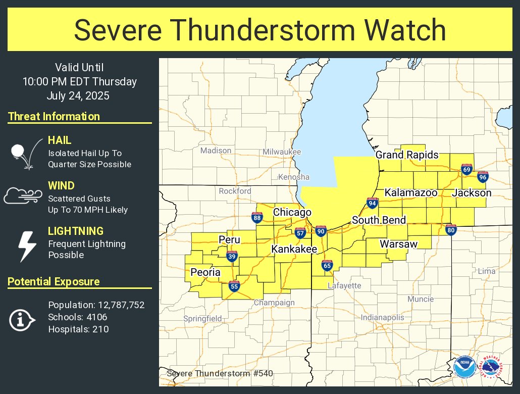 NWSGrandRapids's tweet image. A severe thunderstorm watch has been issued for parts of Illinois, Indiana and Michigan until 10 PM EDT