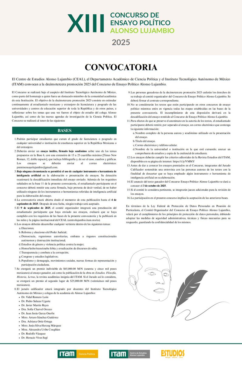 HVivesSegl's tweet image. 📢Convocatoria abierta
@PremioALujambio @CentroLujambio @CPoliticaITAM 2025
@LujambioAlonso
Límite envío ensayos 4/Sep
@IIJUNAMElector @jmartinreyes @ReformasLATAM @lorenzocordovav @UNAM_MX @IPN_MX @ArturoSanchezG @ITESO @FlacsoMx @eld_oficial @garza_onofre @gpe_salmoran @CIDE_MX