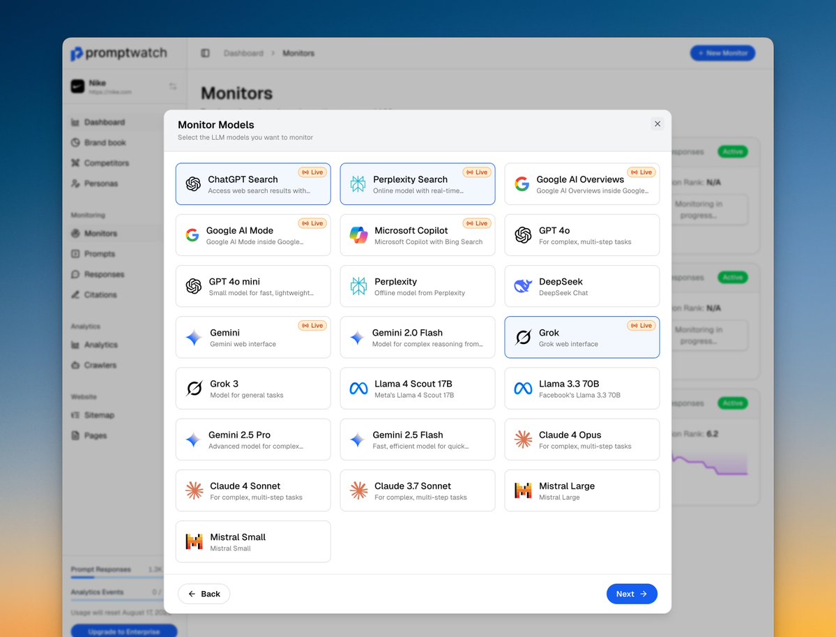 forgebitz's tweet image. rolled out grok and google ai mode this week
no API scraping GEO scams, real web interface to get actual data that users see
we now have every single LLM chat app live in promptwatch