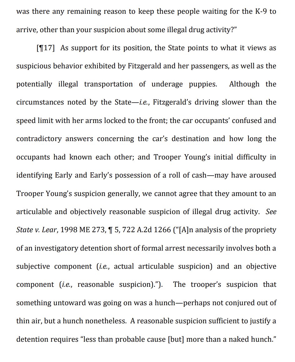 OrinKerr's tweet image. Officer stops car for traffic violation. Several people in the car, & they're all acting suspiciously. Cop holds car for drug detection dog, which alerts; drugs found. Maine SCT: Suppress the drugs. Officer lacked reas suspicion to continue stop.
storage.courtlistener.com/pdf/2025/07/24… #N