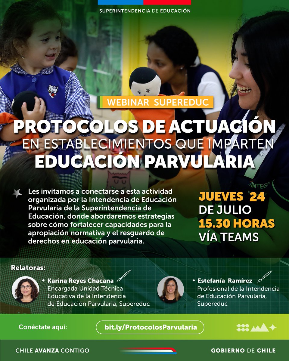 📅 ¡Ya comenzamos!  

Conéctate a un nuevo Seminario abierto Supereduc, donde analizaremos estrategias para el fortalecimiento de protocolos en Educación Parvularia.  

🔗👉 bit.ly/ProtocolosParv…